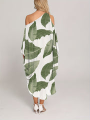 Leaf Print Cover Up Dress One Shoulder Loose Fit Asymmetrical Beachwear Kaftan