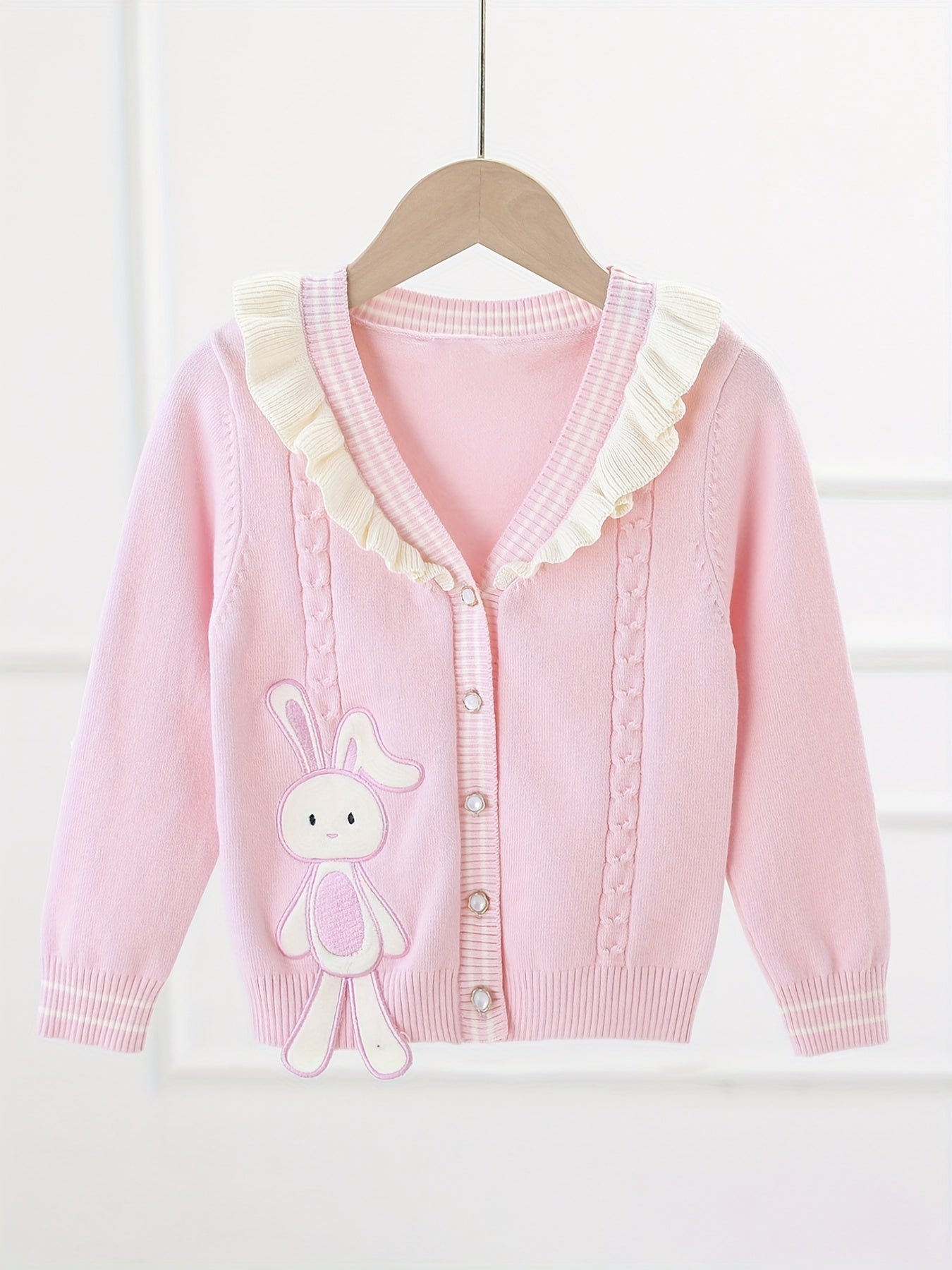 Girls' Bunny Embroidery Knit Cardigan Ruffle Trims Button Down Top