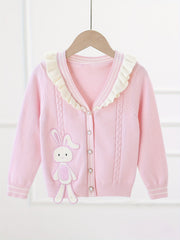 Girls' Bunny Embroidery Knit Cardigan Ruffle Trims Button Down Top