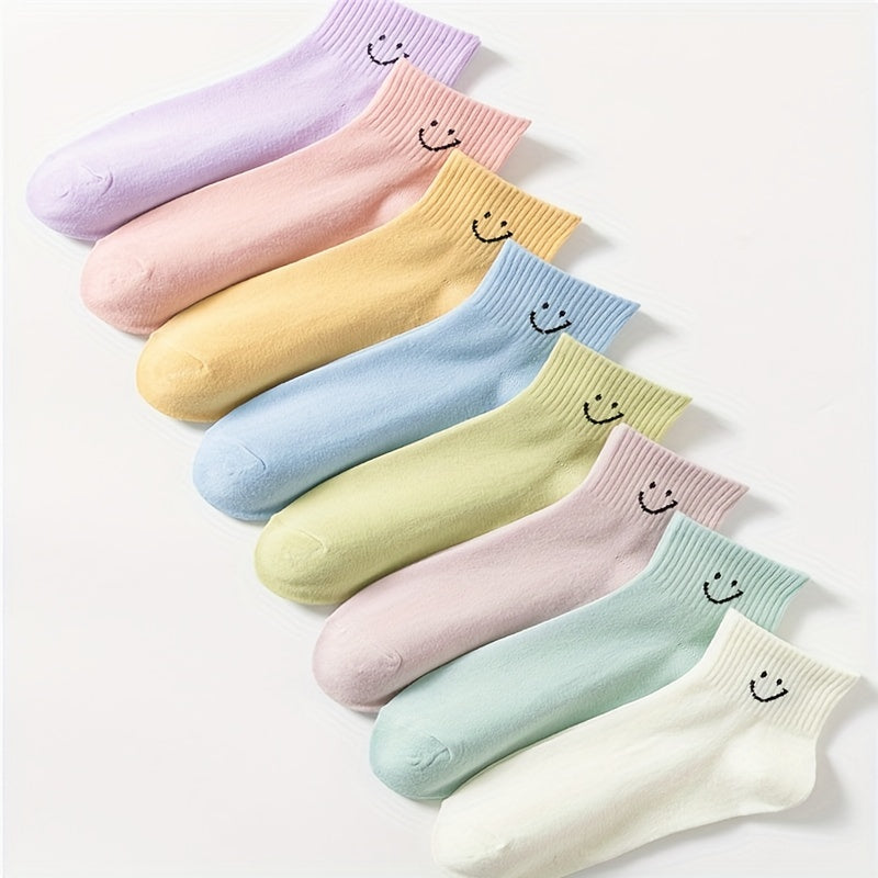 8 Pairs Smiling Face Print Socks Comfy Crew Short Socks Women's Stockings