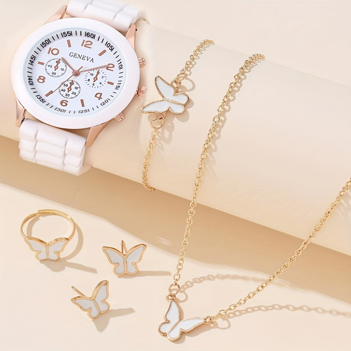 Kids PVC Strap Quartz Watch & Jewelry Set