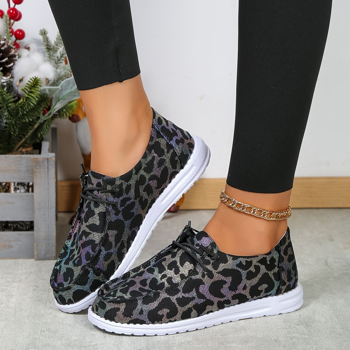 Leopard Printed Lace up Boat Shoes Low Flats Casual Walking Shoes