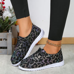 Leopard Printed Lace up Boat Shoes Low Flats Casual Walking Shoes