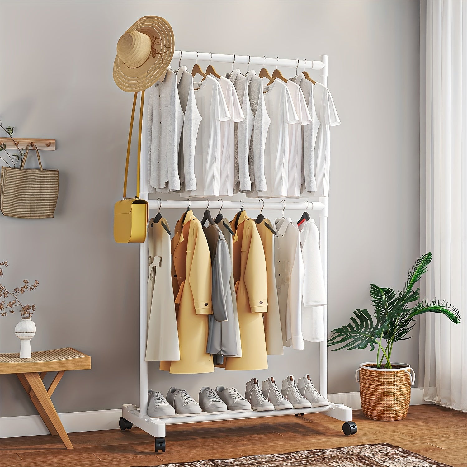 Single Pole Coat Rack With Pulley 2 Layers Clothes Ra...