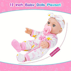 12" Silicone Doll in Pink Cat Ear Hoodie & Animal Print Pajamas