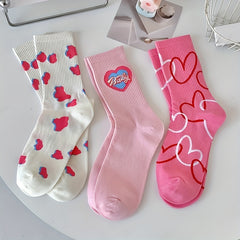 3 Pairs Heart Print Socks Women's Stockings & Hosiery