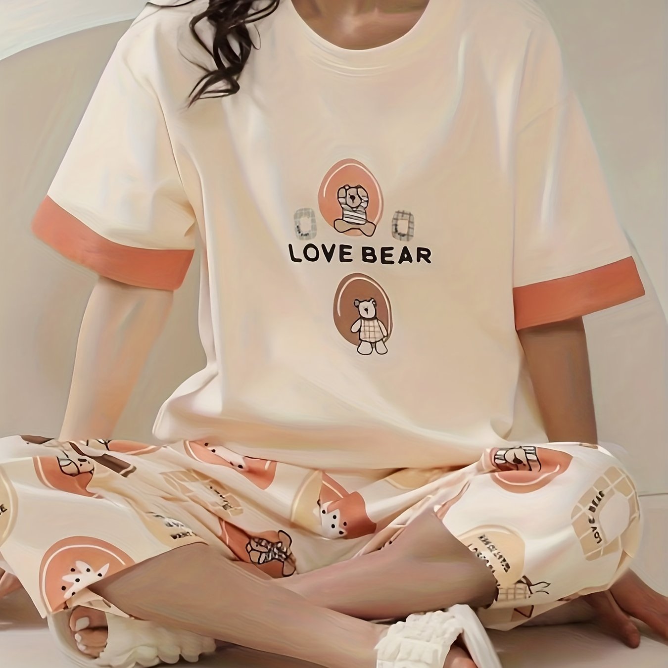 Bear Print Pajama Set Short Sleeve Top & Capris Pants