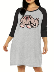 Casual Nightdress Women's Plus Teddy Bear Print Raglan Sleeve R