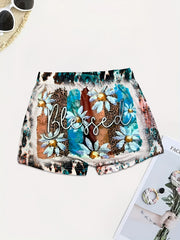 Letter & Floral Print Skinny Shorts for Women