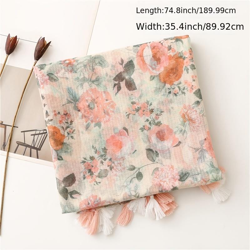 Women's Linen Pink Floral Print Fringe Scarf