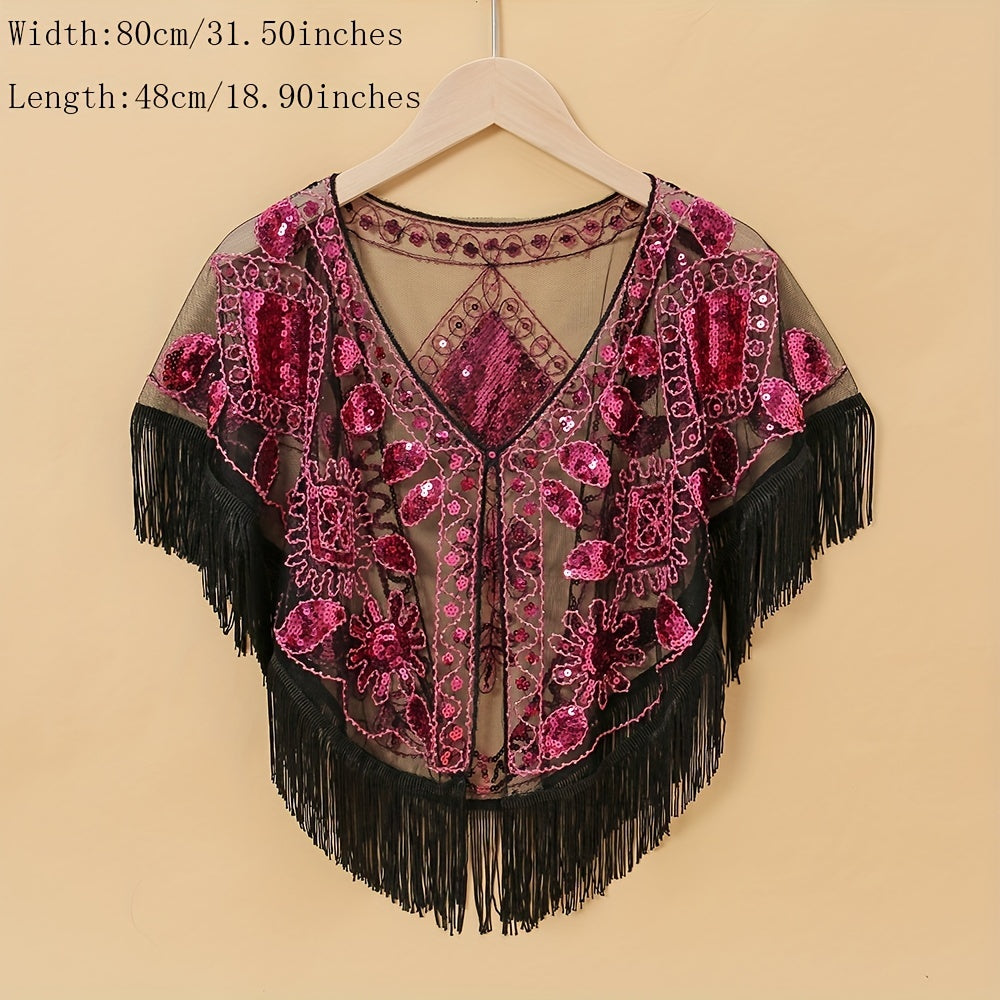Vintage Sequin Embroidered Shawl 1920s Tassel Wrap Mesh Cape