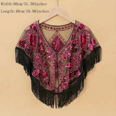 Vintage Sequin Embroidered Shawl 1920s Tassel Wrap Mesh Cape