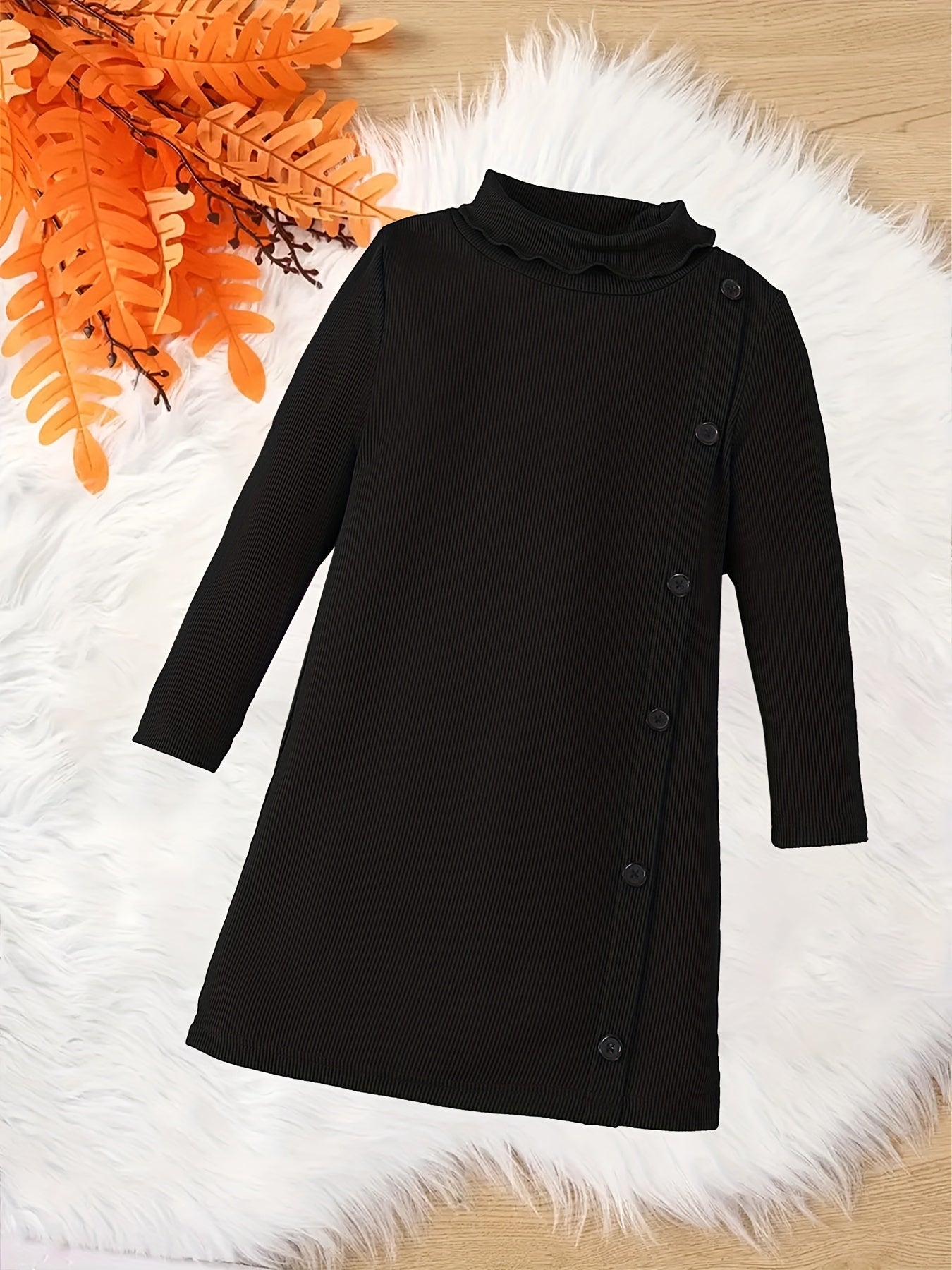 Girls' Turtleneck Side Button Decor Long Sleeve Sweater Dress