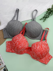 2 Pack Women's Plus Size Casual Bras Set Full Coverage Solid Floral Print 2pcs