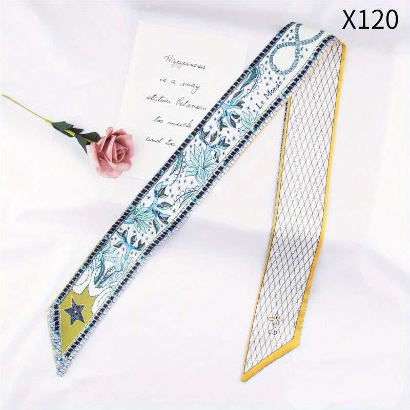 Flower Print Skinny Scarf Long Ribbon Neckerchief Silk Twilly Scarf