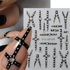 5D Gothic Skull Cross Nail Decals with Glitter Finish