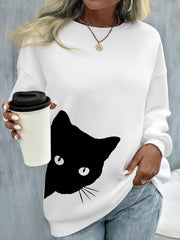 Cat Graphic Print Pullover Long Sleeve Casual Sweatshirt for Winter