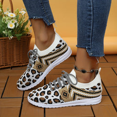 Leopard Print Mesh Lace-up Sneakers Soft Sole Casual Shoes