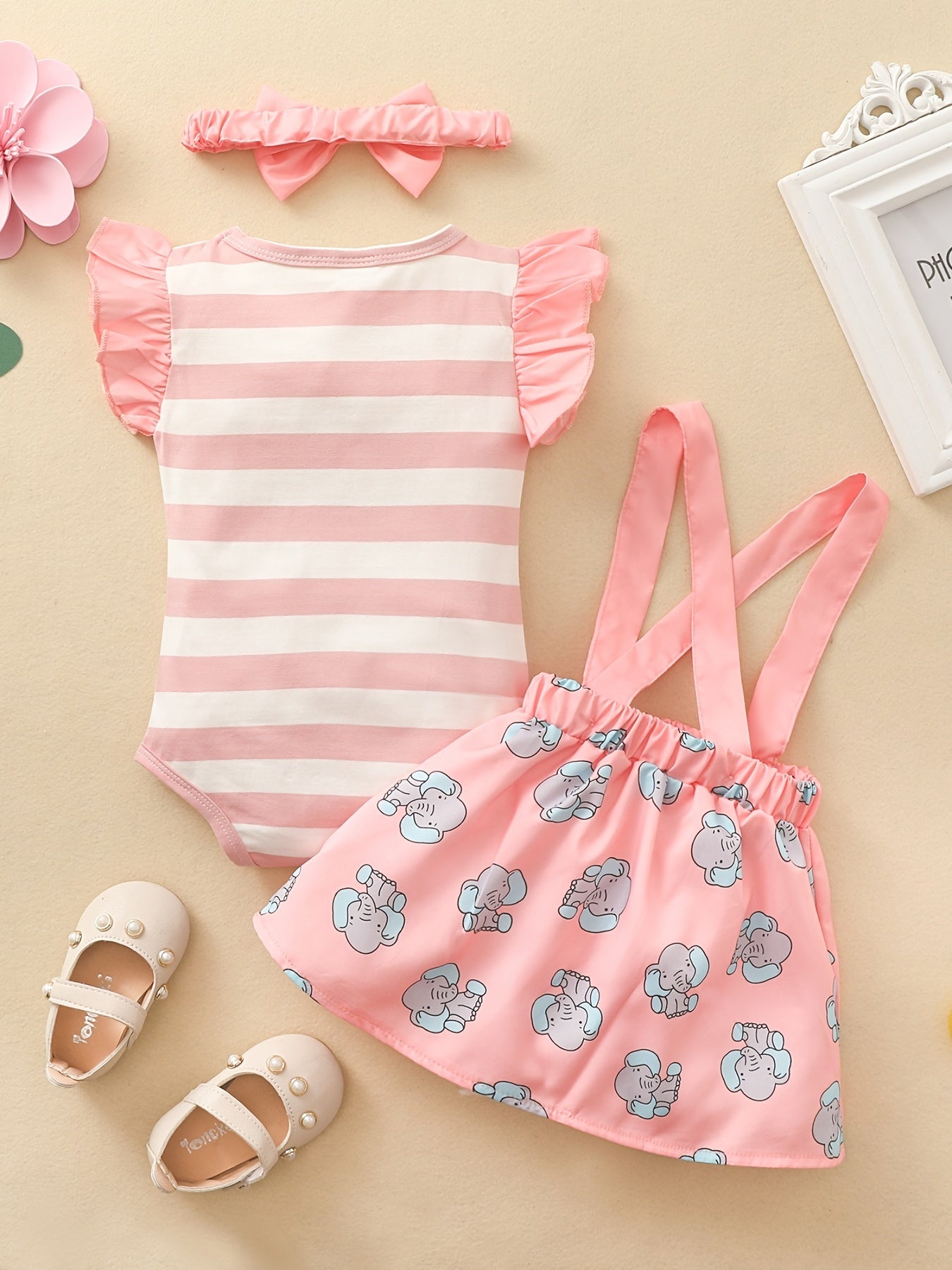 3pcs Newborn Infant Ruffled Sleeves Romper & Elephant Print Suspender Skirt Set