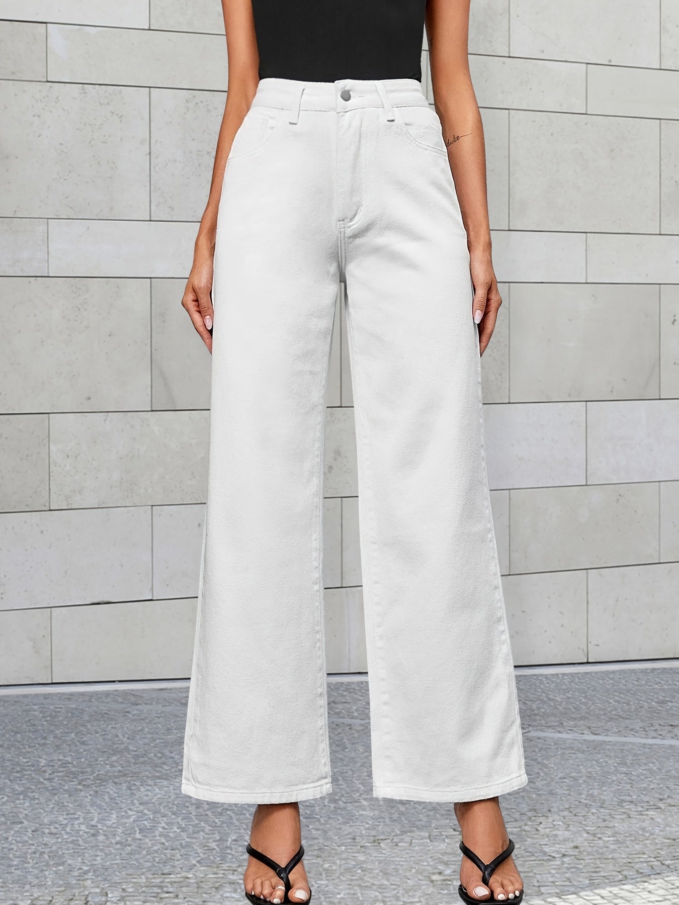 High Waist Wide Leg Jeans Slash Pockets Loose Fit High Rise Denim Pants