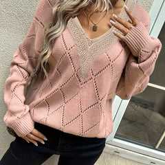 Colorblock Pointelle Long Sleeve V Neck Sweater
