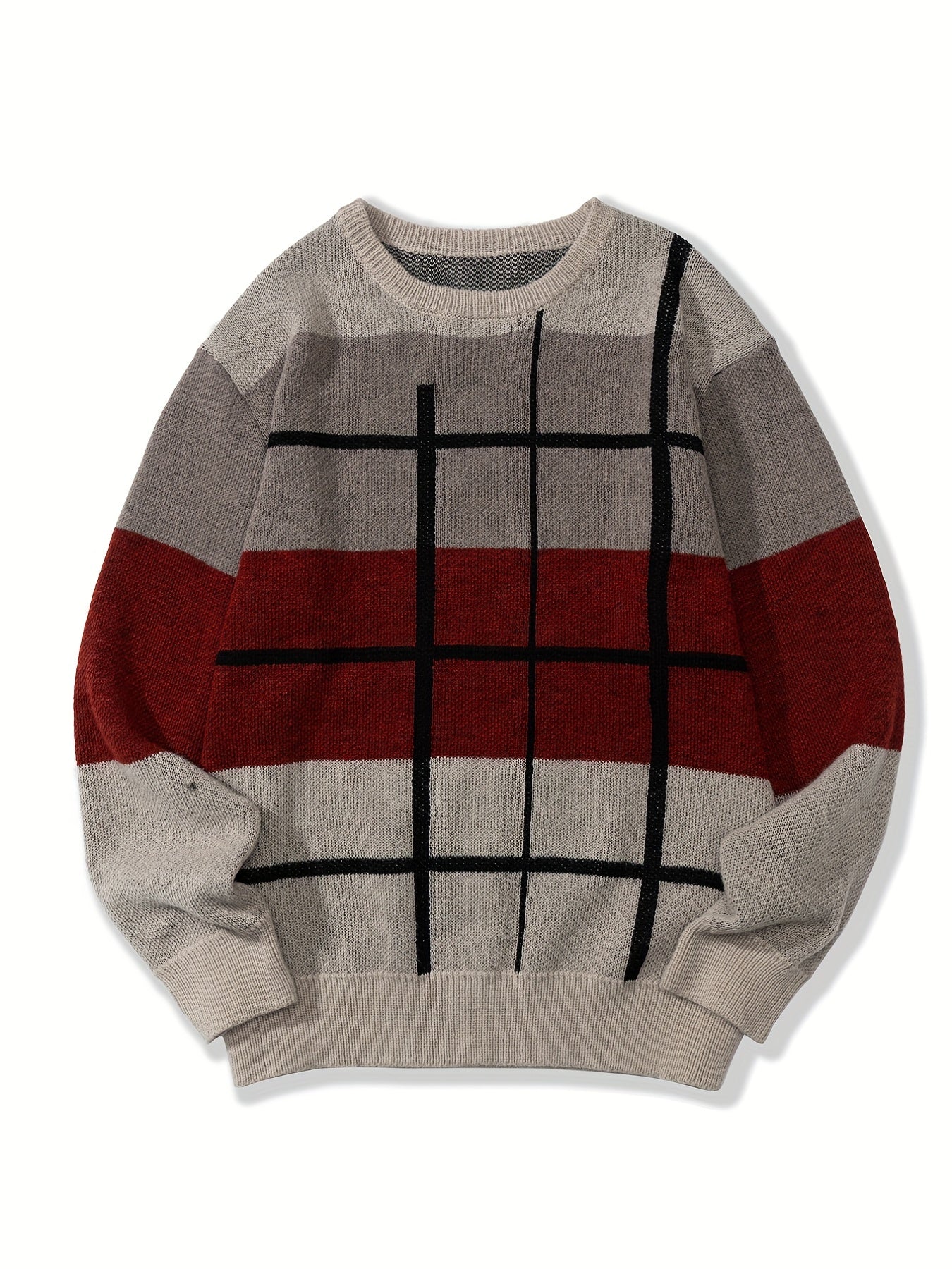 Knitted Block Sweater Men's Casual Warm Crew Neck Pullover For Men