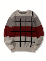 Knitted Block Sweater Men's Casual Warm Crew Neck Pullover For Men