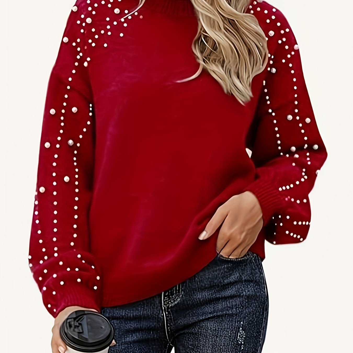 Solid Faux Pearl Long Sleeve Knitted Pullover Jumper