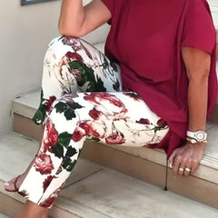 Casual Outfit Set Solid Top & Floral Print Pants