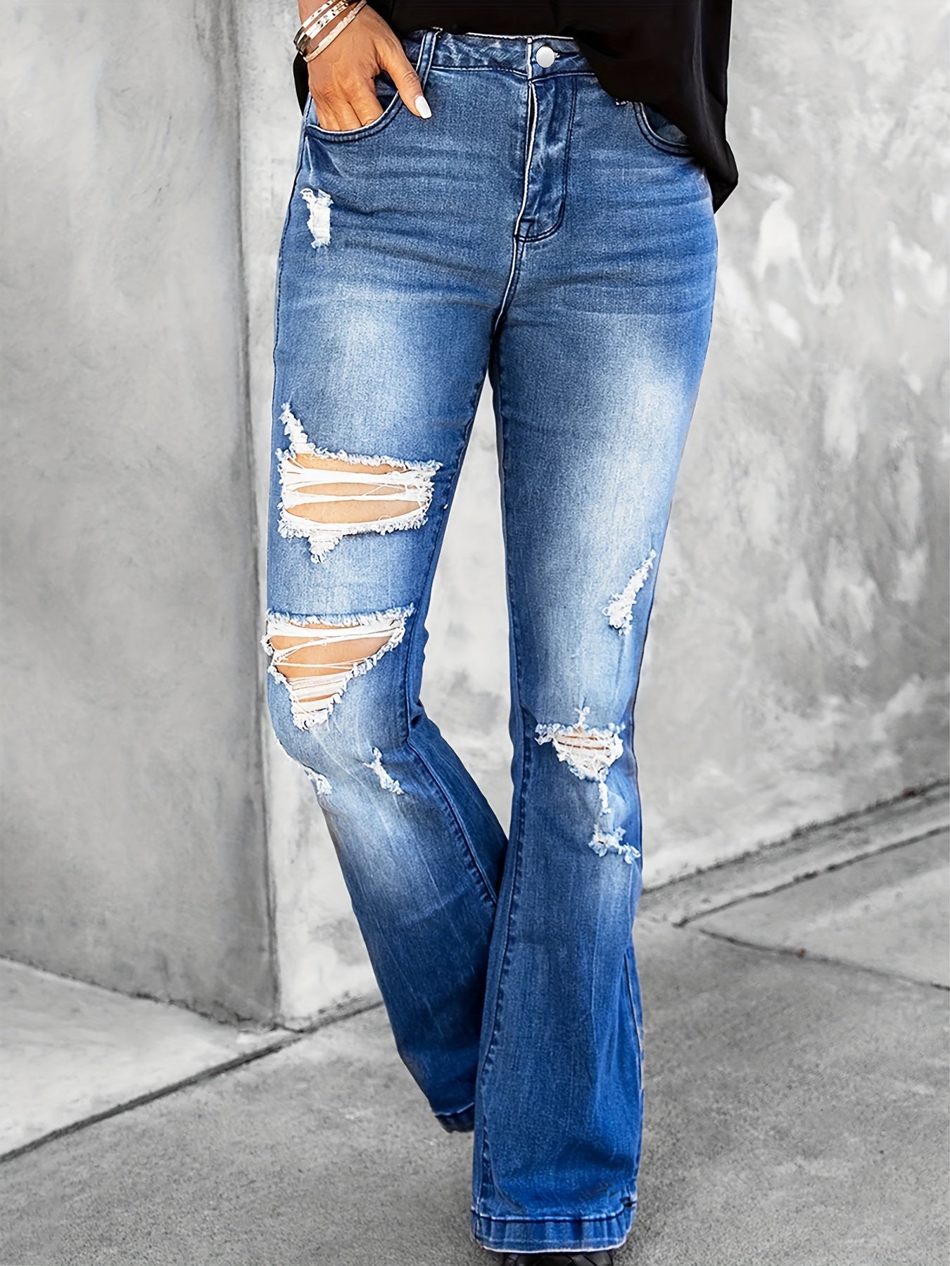 Solid Ripped High Rise Flared Leg Jeans