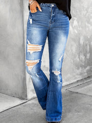 Solid Ripped High Rise Flared Leg Jeans