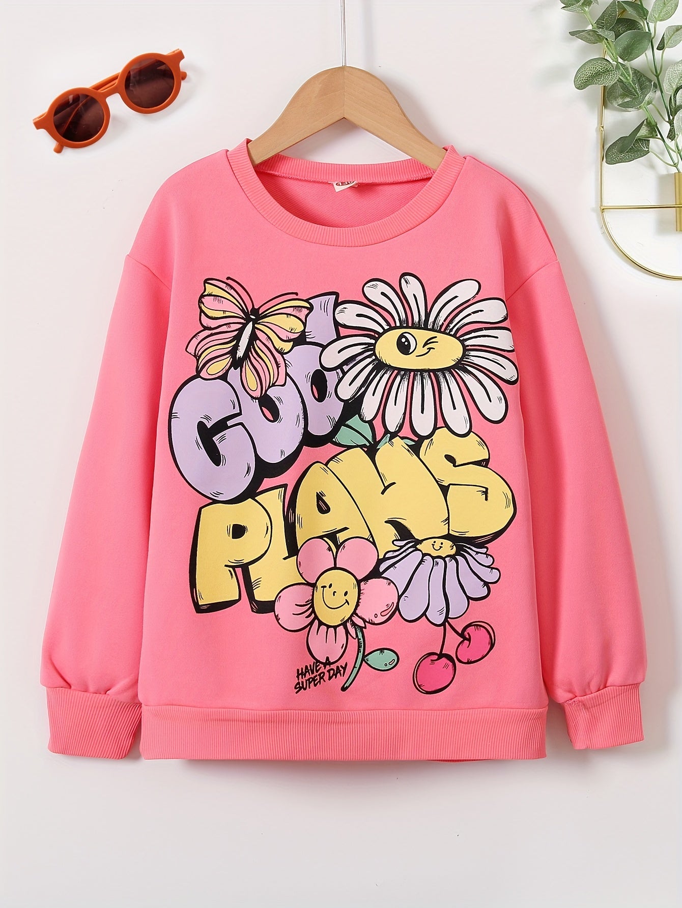 Girls Floral Graphic Sweatshirt Round Neck Pullover