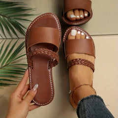 Women's Solid Braided Sandals Slip On Open Toe Lightweight Flat Slides Shoes