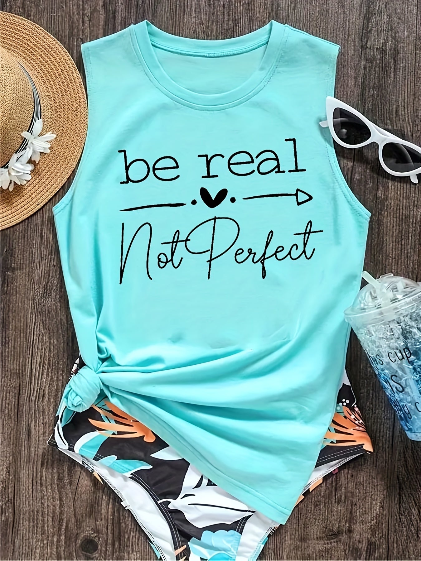 Be Real Letter Print Tank Top Casual Scoop Neck Sleeveless Tank Top