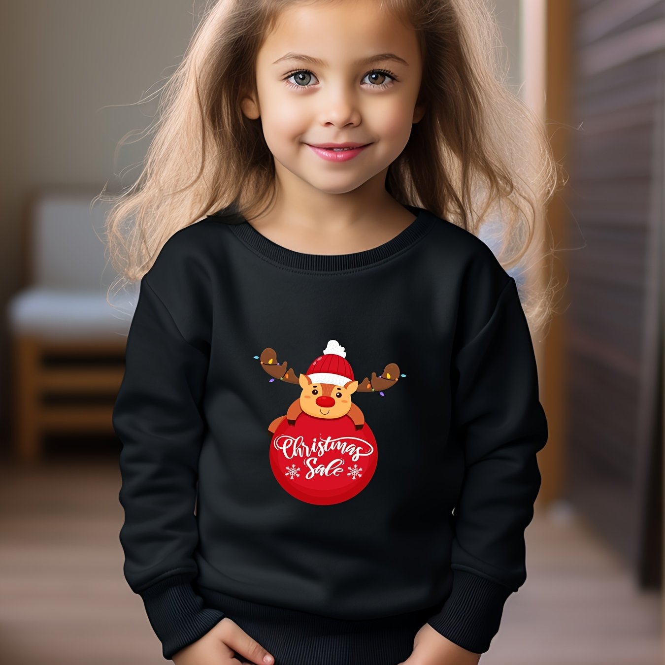Cartoon Reindeer Graphic Crew Neck Sweatshirt Kids Christmas Gift