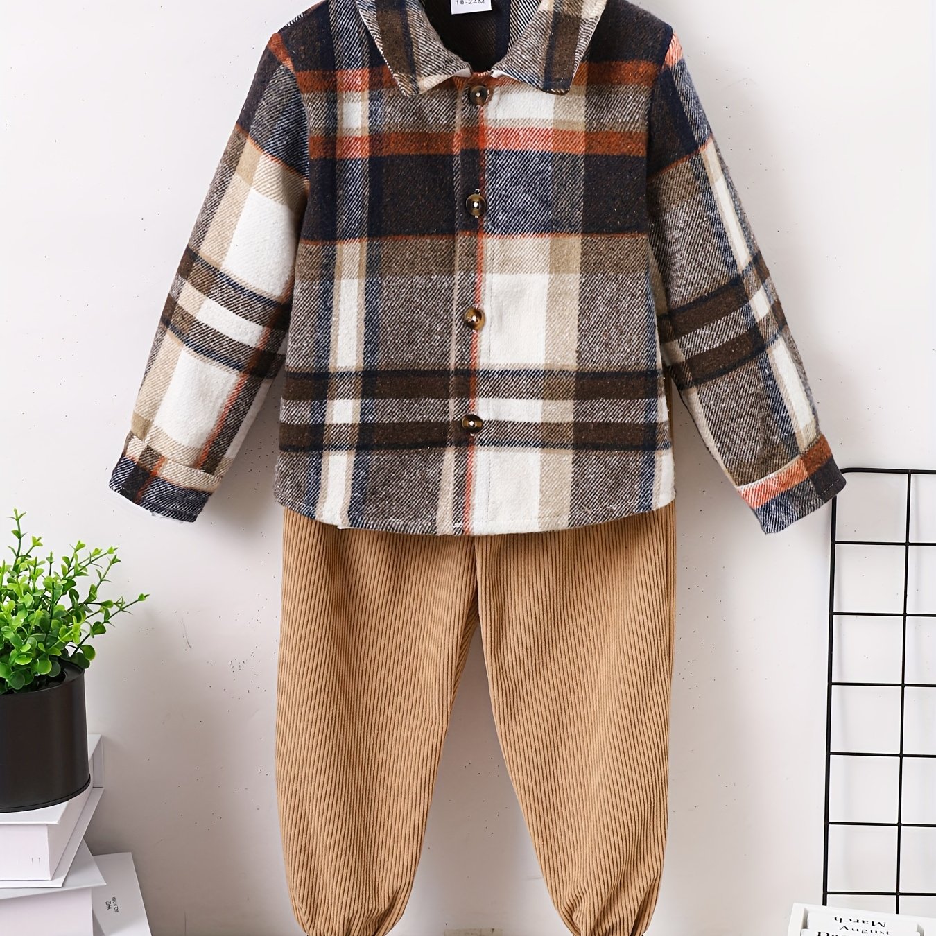 Boy's Plaid Shirt & Corduroy Pants Set Comfortable Casual Outfits for Kids
