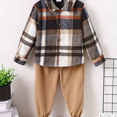 Boy's Plaid Shirt & Corduroy Pants Set Comfortable Casual Outfits for Kids