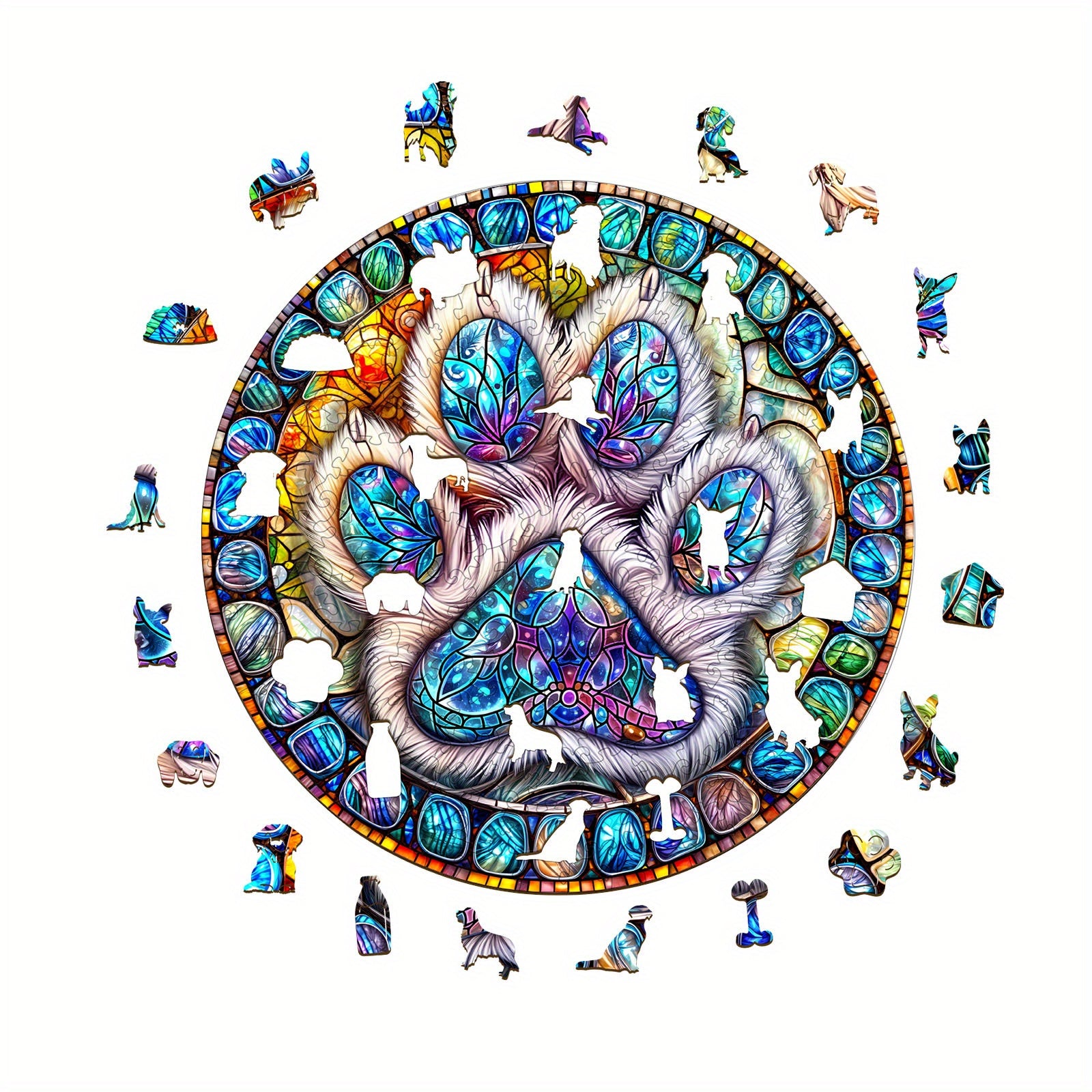 Colorful Paw Print Wooden Jigsaw Puzzle Animal Shapes Stained Glass Style