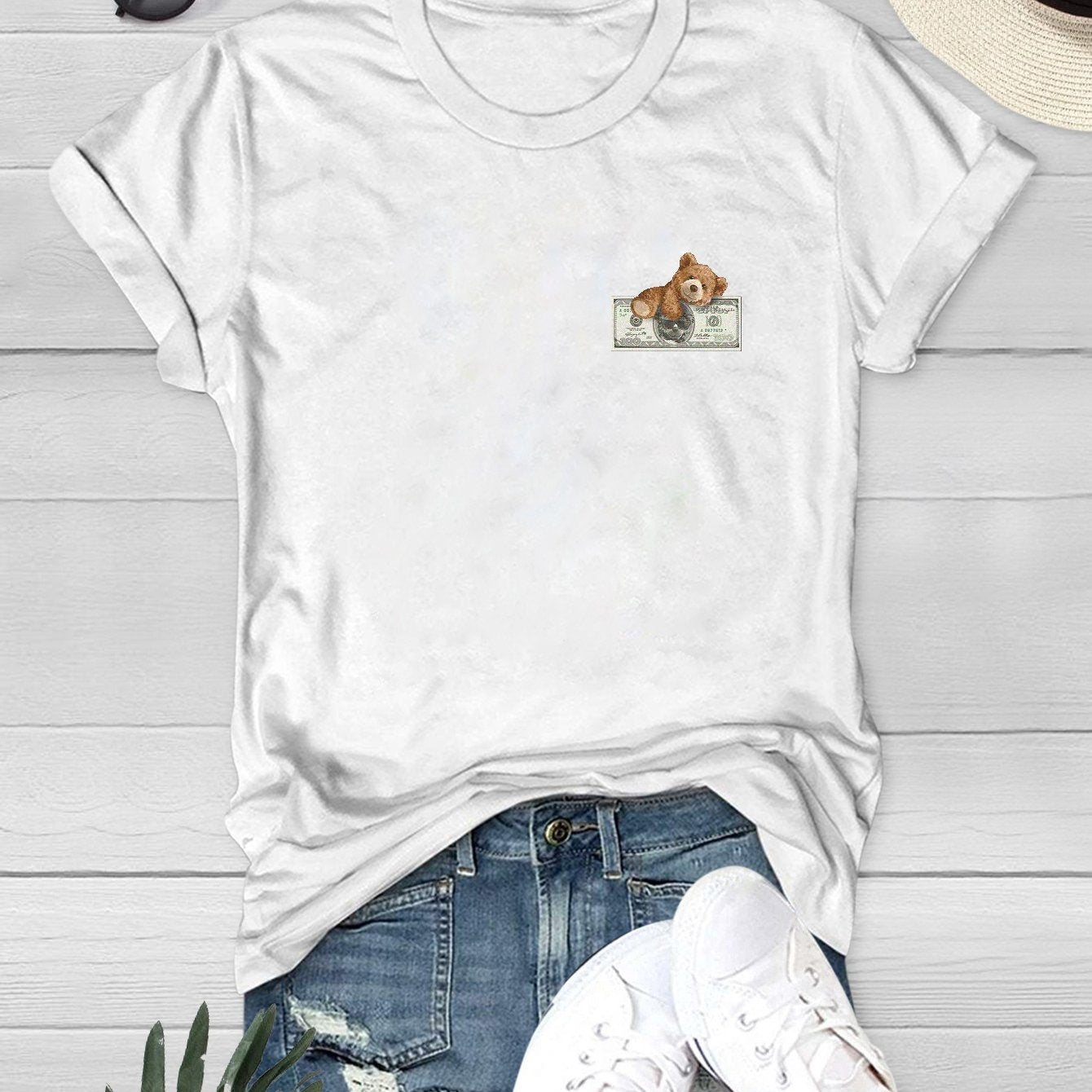 Cartoon Bear Print Top Short Sleeve T-shirt Women's Clothing