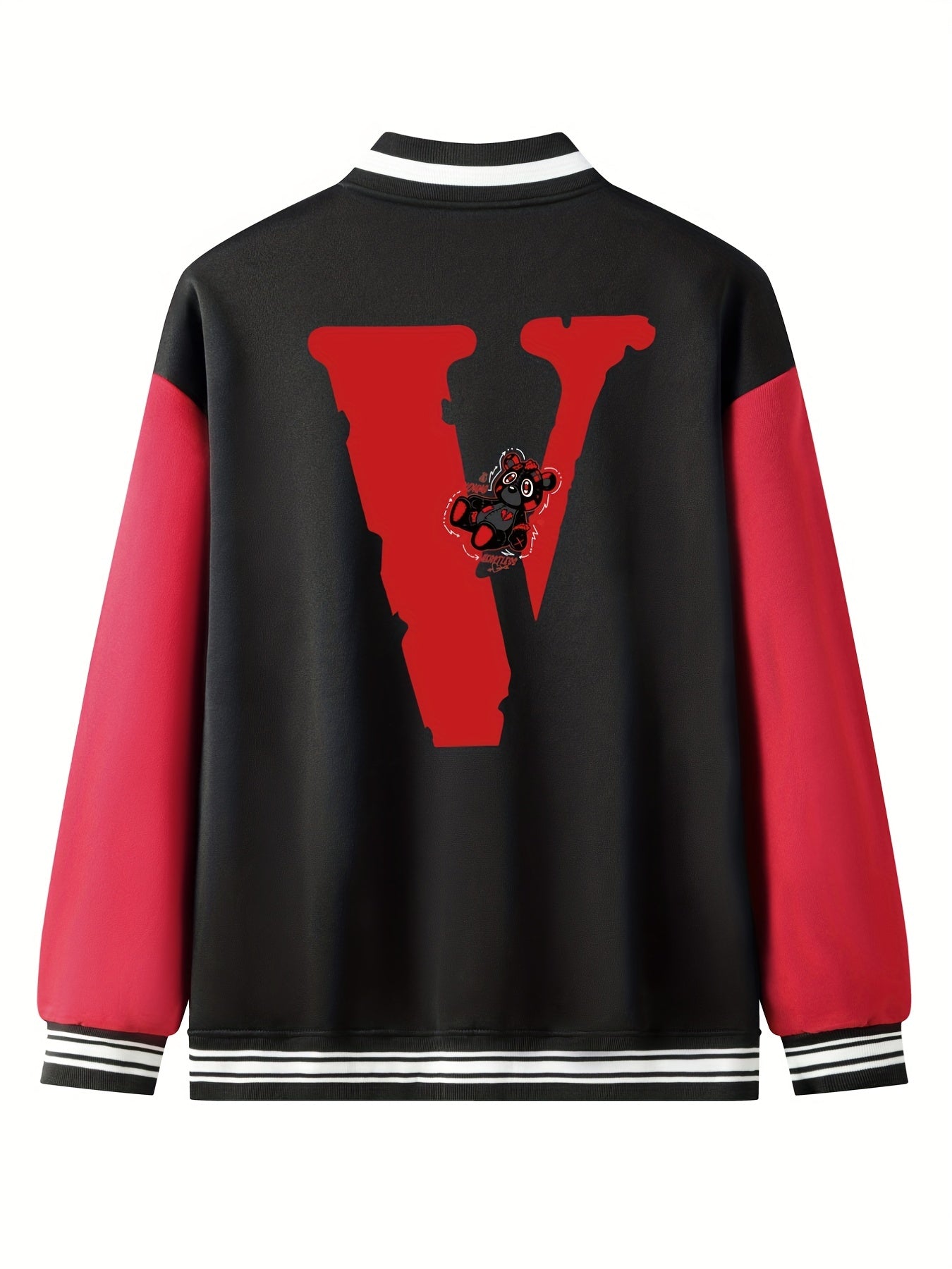 V Letter Print Bear With A Broken Heart Graphic Baseball Jacket