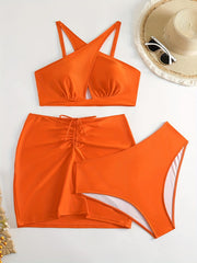 Sexy Bikini Set Women's Keyhole Crop Top & Underwear & Lace Up Skirt