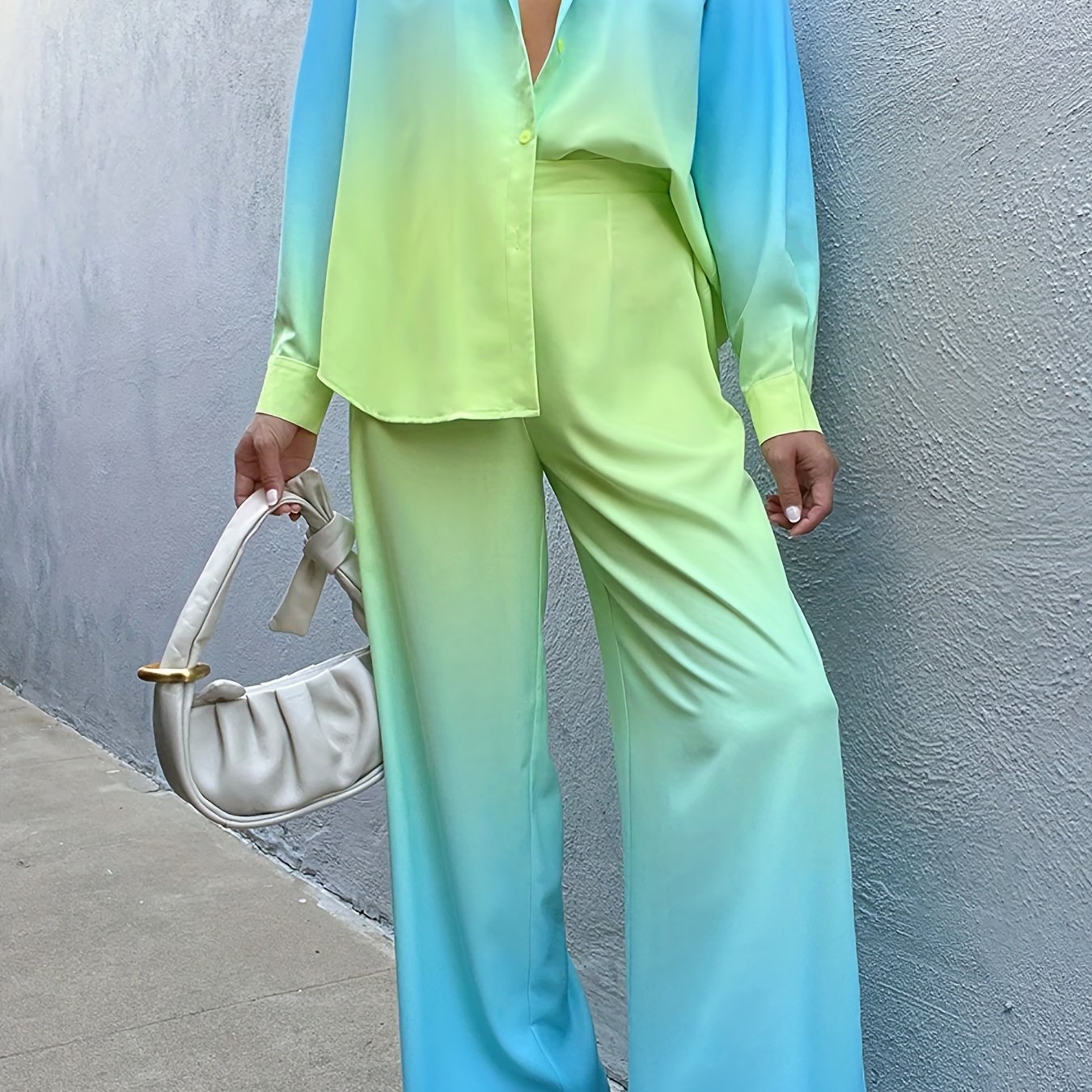 Gradient Two Piece Set Long Sleeve Polo Collar Shirt & Wide Leg Pants