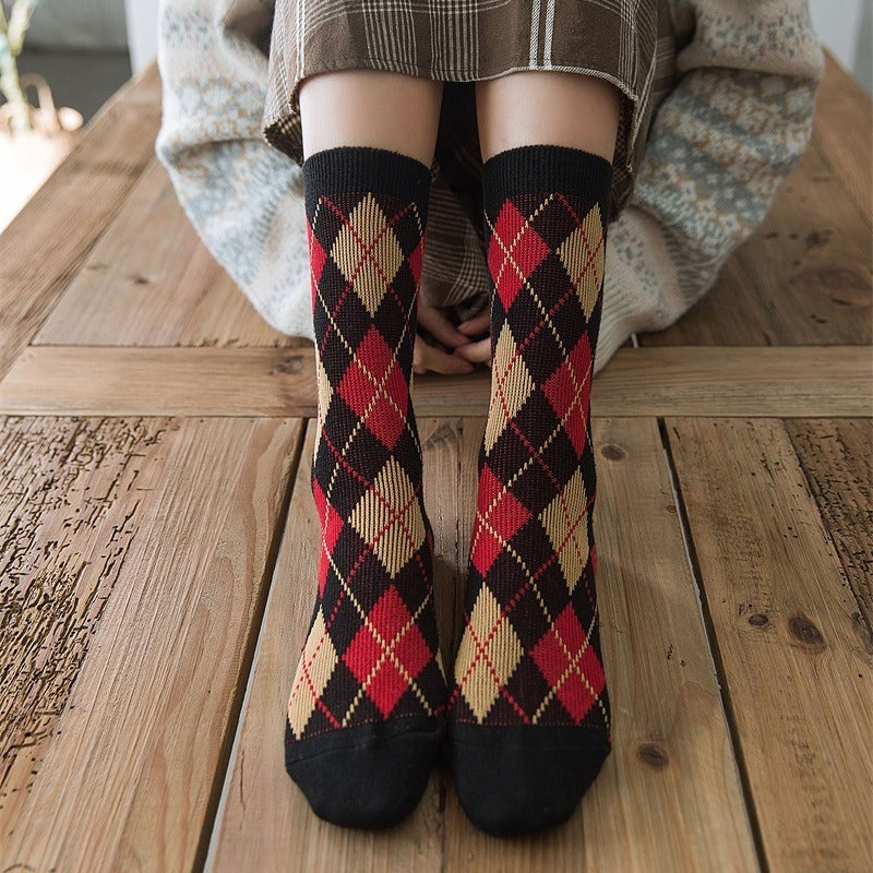 Colorblock Plaid Socks Breathable College Style Women Stockings