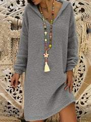Solid Drop Shoulder Long Sleeve V Neck Knit Hooded Dress