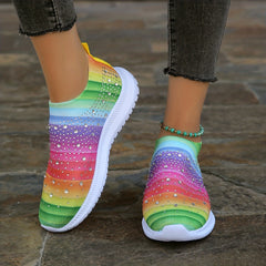 Women's Rainbow Rhinestone Sock Sneakers Slip On Sports Shoes