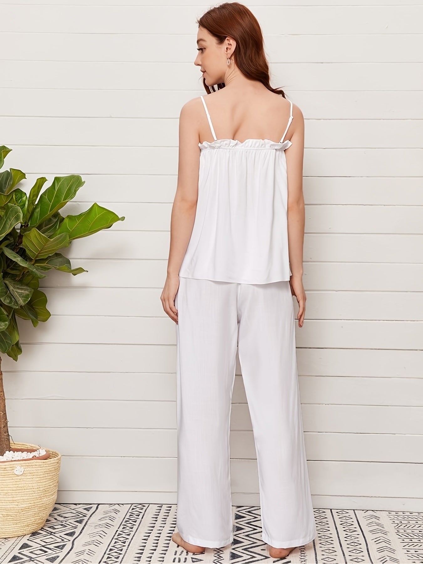 Ruffle Bow Cami Top & Elastic Waistband Pants Loungewear Set