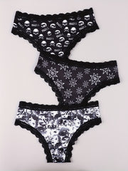 3 Pack Plus Size Gothic Panties Set Women's Plus Skull & Eyeball Sun Print Lace