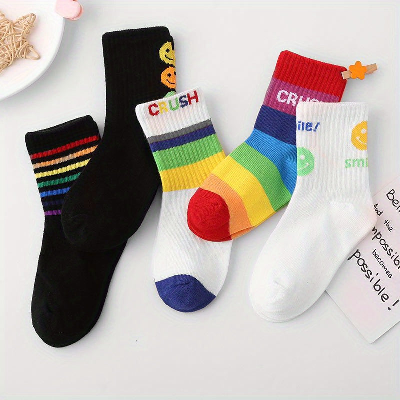 5 Pairs Kids Rainbow Crew Socks for Autumn Winter