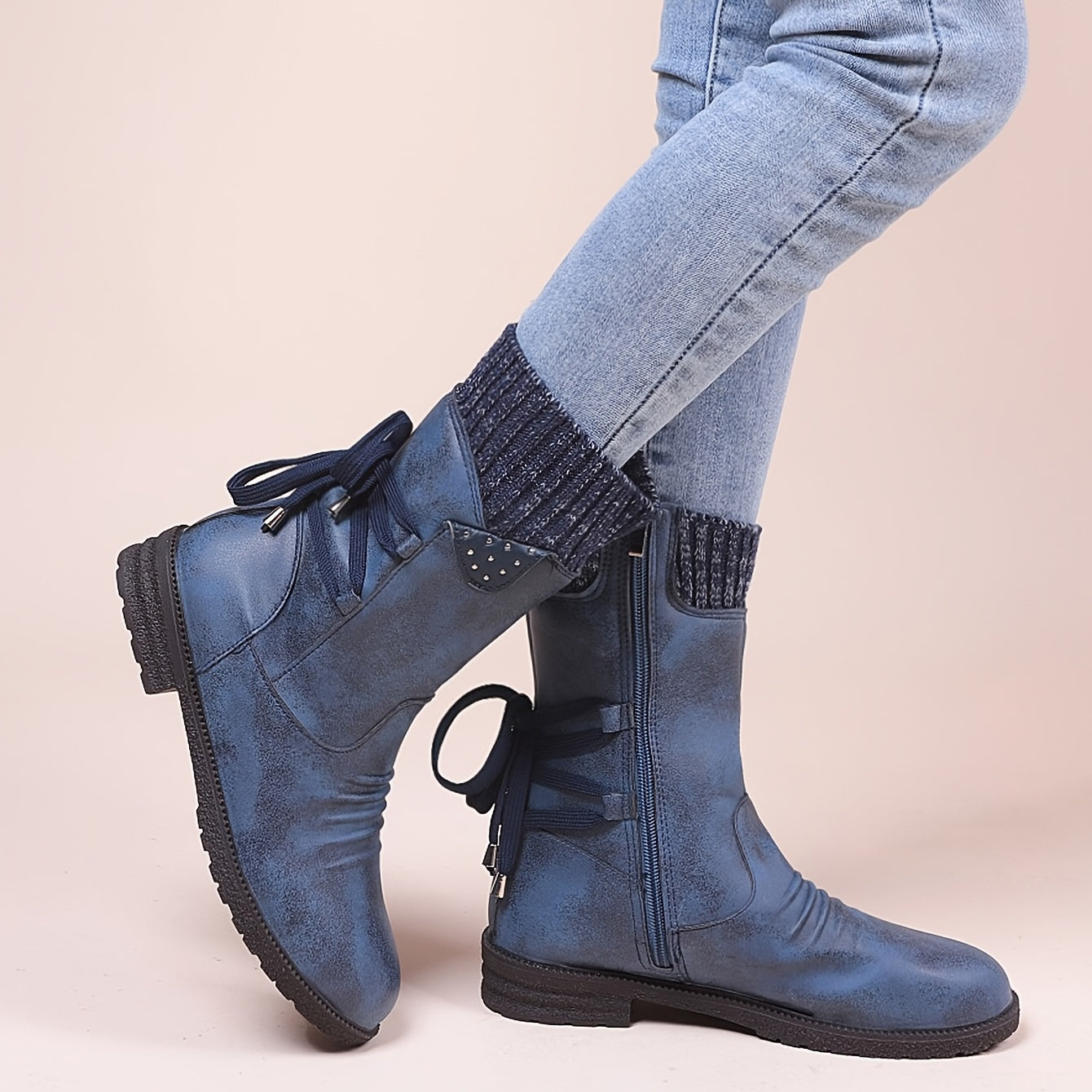 Knitted & Faux Leather Panel Boots Tie Back Side Zip Boots
