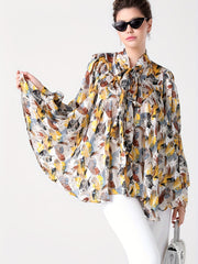 Vacay Blouse Women's Plus Leaf Print Lantern Sleeve Blouse